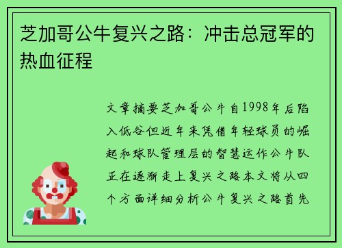 芝加哥公牛复兴之路：冲击总冠军的热血征程