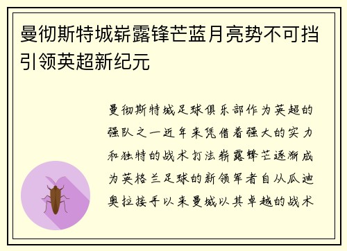 曼彻斯特城崭露锋芒蓝月亮势不可挡引领英超新纪元 曼彻斯特城崭露锋芒蓝月亮势不可挡引领英超新纪元
