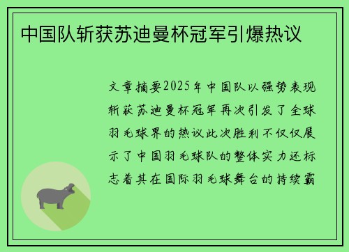中国队斩获苏迪曼杯冠军引爆热议 中国队斩获苏迪曼杯冠军引爆热议